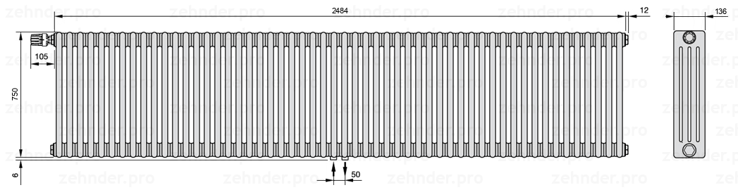 Схема (чертеж) Радиатор Zehnder Charleston 4075/54 №V007 Белый глянцевый RAL 9016